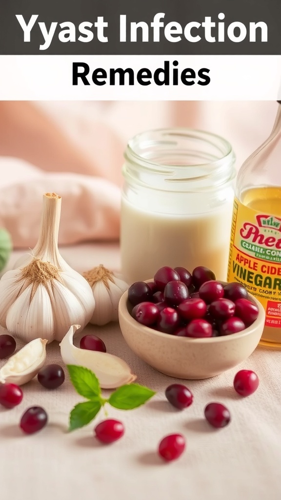 Natural ingredients for yeast infection remedies: garlic, coconut oil, cranberries, and apple cider vinegar.